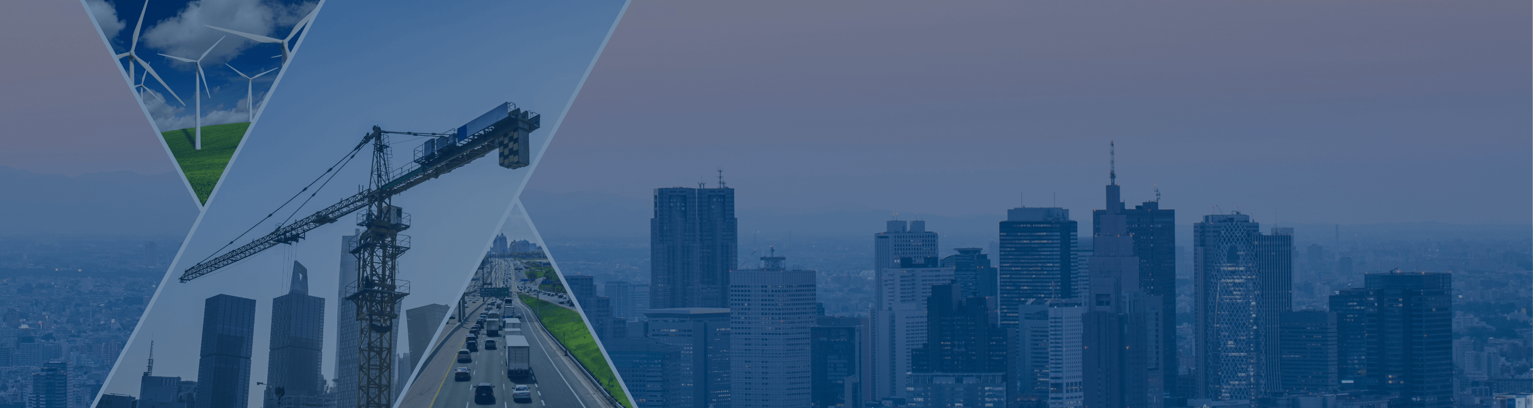 City skyline, crane, wind turbine, city highway